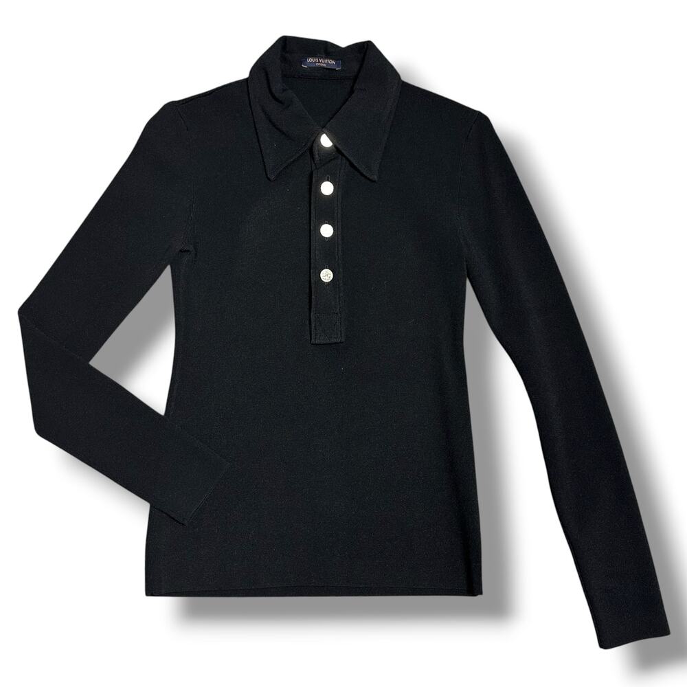 Louis Vuitton Uniforms Black Knit Long Sleeve Sweater Polo Gold Logo Buttons S